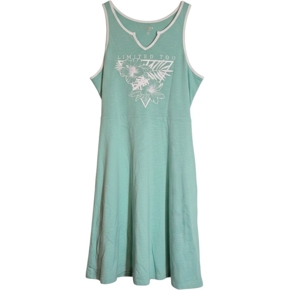 Limited Too Girls Pool Green Tropical Hibiscus Slub Jersey Dress‎ Size L 12/14